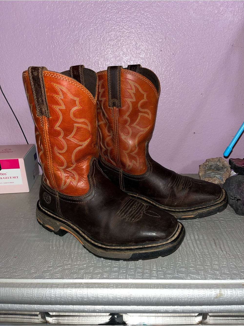 Ariat Brown Leather Work Boots with Orange Shaft